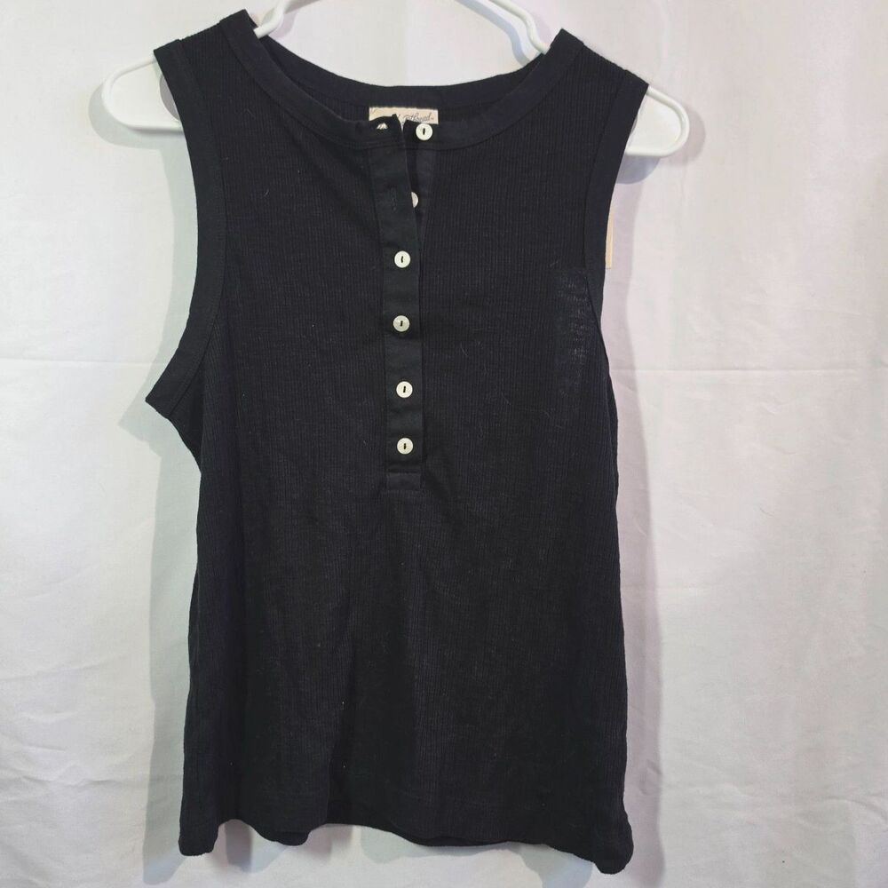 NWT Henley Tank Top Button Front Ribbed Racerback Black Womens L